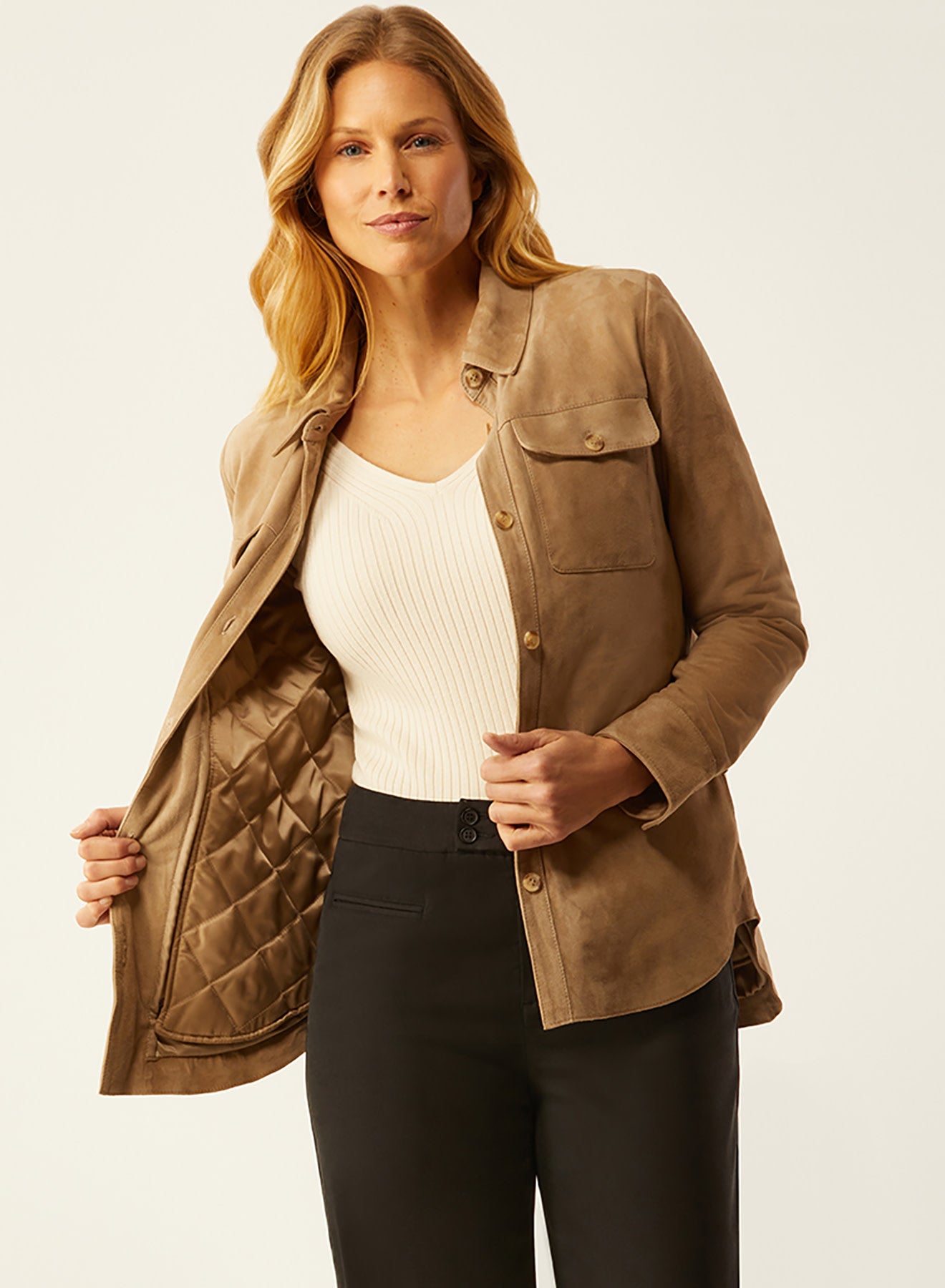 Suede Shirt Jacket with Zip Out Liner Camel