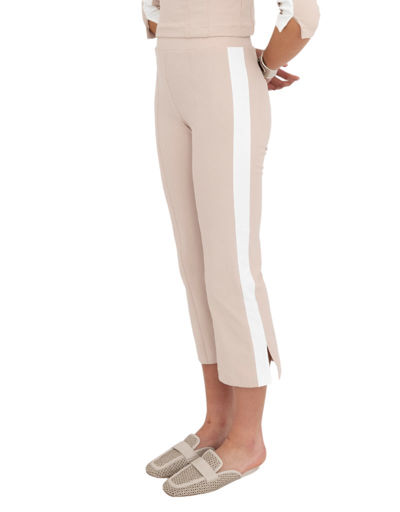 Bobbi Tech Stretch Cropped Pants Side Contrast Stripe Nude White