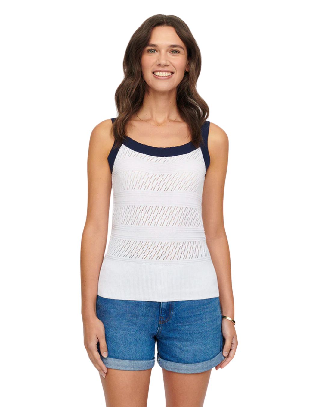 &Isla Olivia Pointelle Vest Top Snowdrop Navy