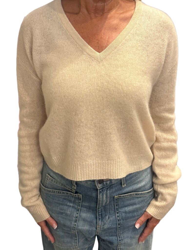 Naadam Cashmere Featherweight V Neck in Pearl