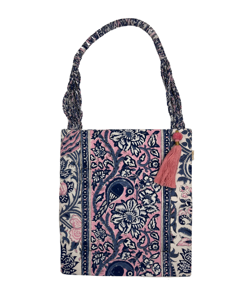 Braided Handle Tote Blue Pink Floral 2 S23