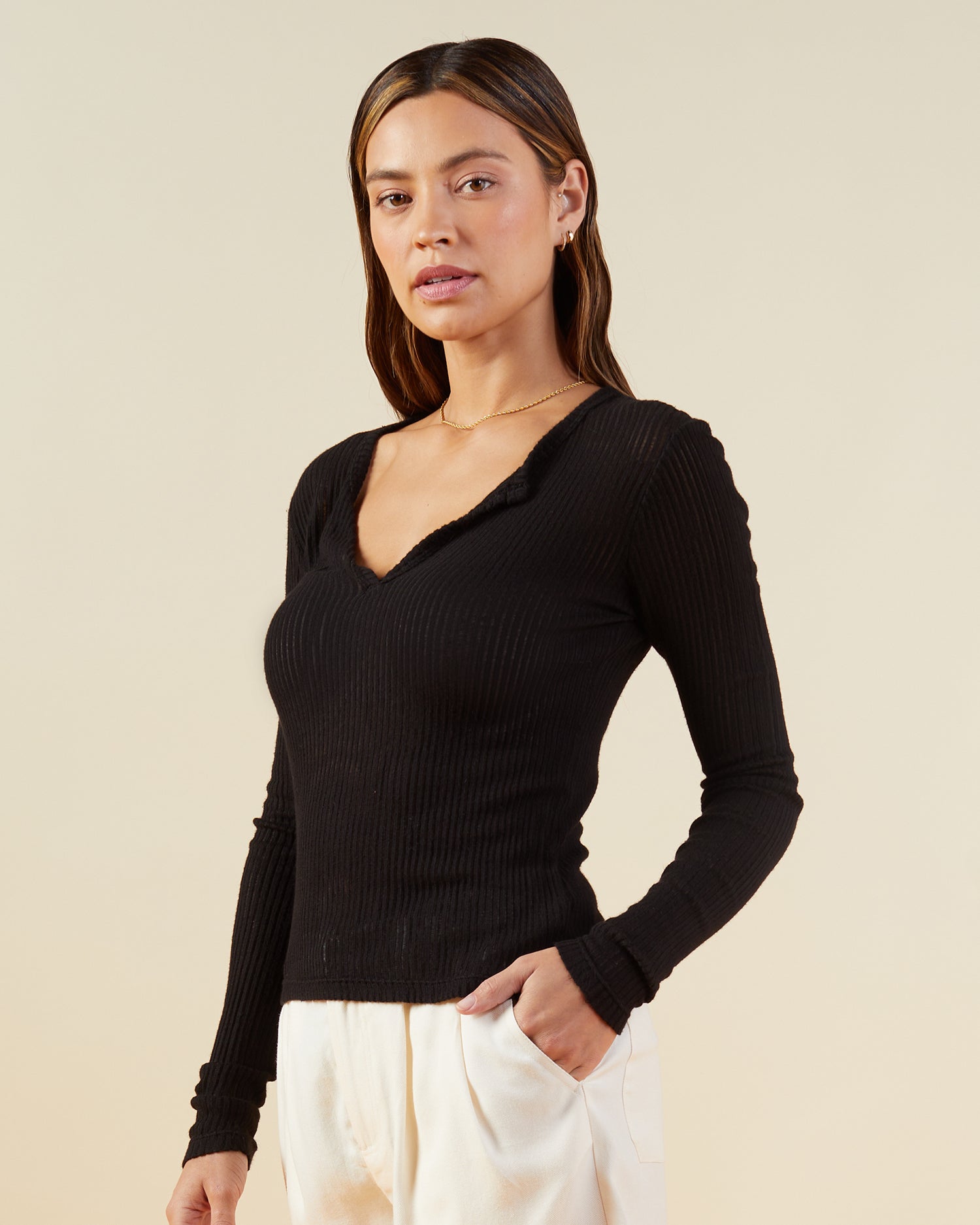 Needle Out Rib Henley Black