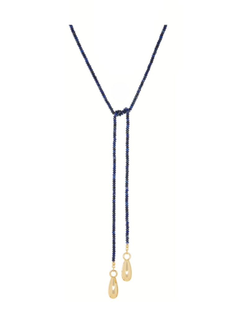 3808N Gold Plated Lapis 34" Beaded Lariat with Bean Charms