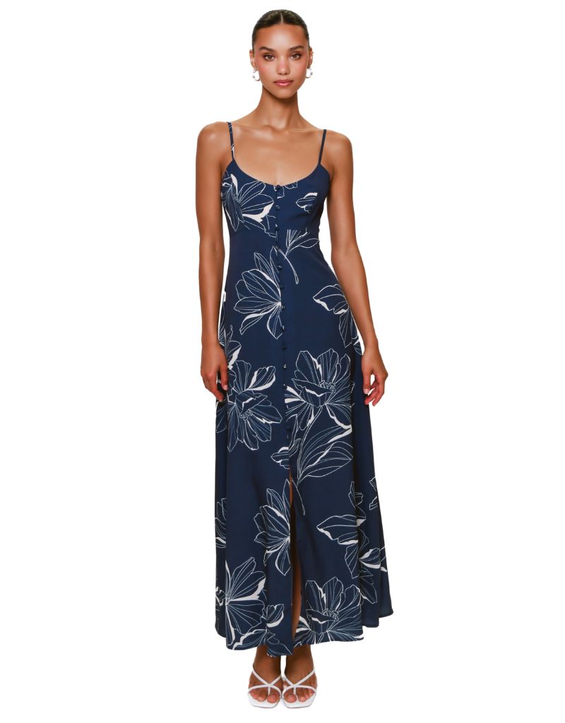 Valente Dress Navy Two Tone Block Print Floral