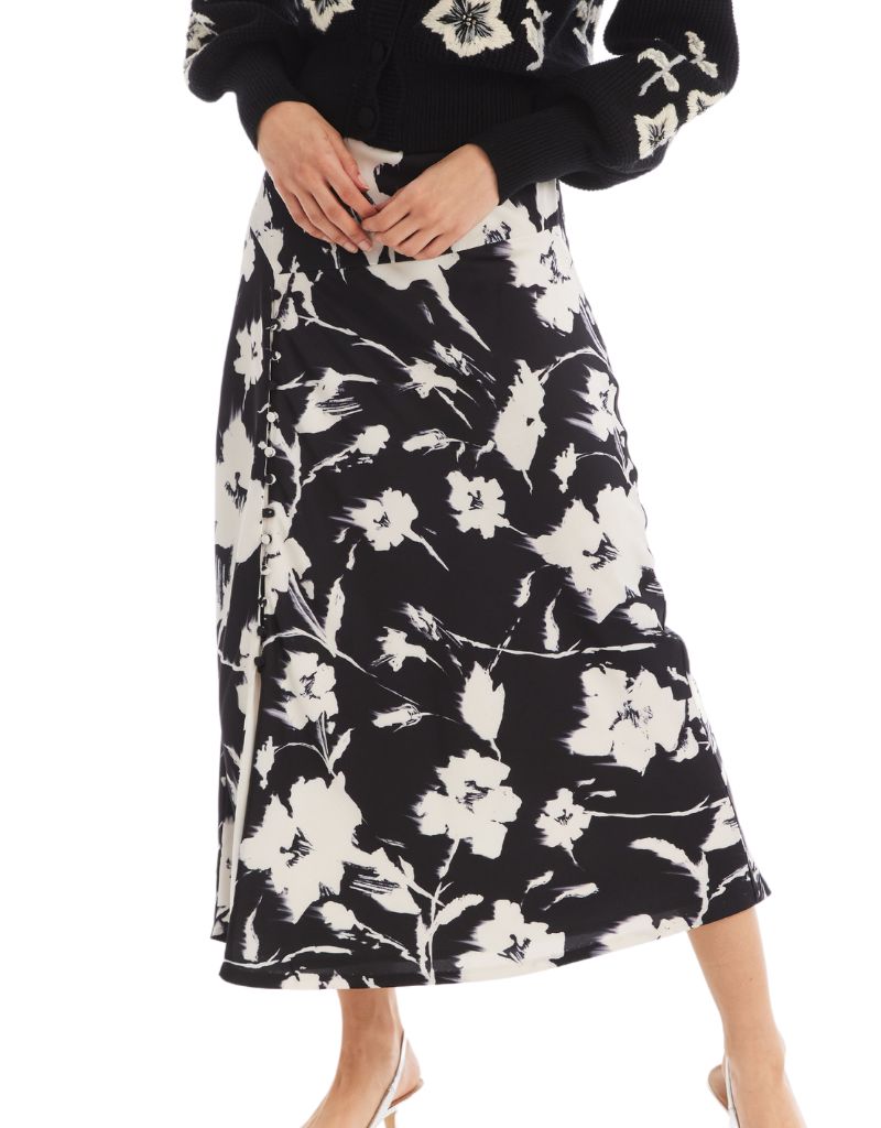 Satin Reese Skirt Black Ivory Floral