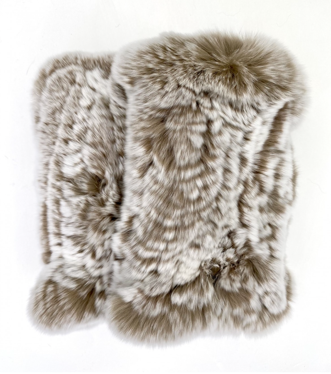Linda Richards fur hand warmers in taupe and white