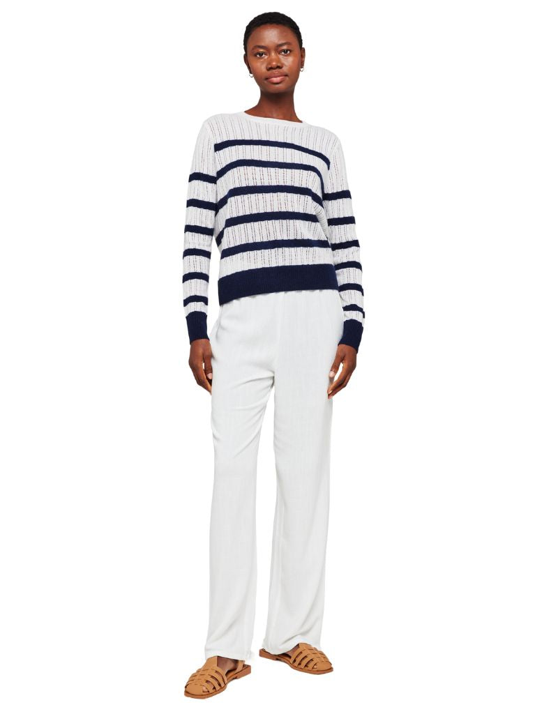 Breton Stitch Crew Organic White Navy