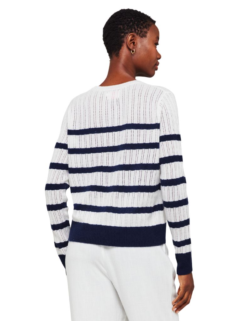 Breton Stitch Crew Organic White Navy