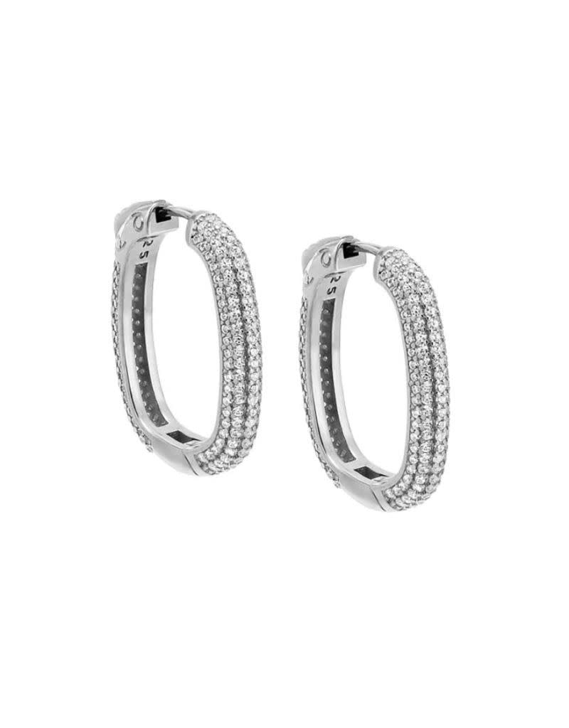 E81463-SIL-960 Large Pave Oval Shape Hoop Earring Silver