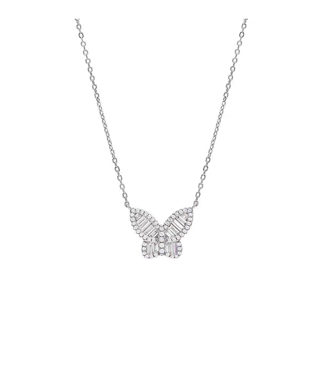 N99917-SIL-56 Large Pave X Baguette Butterfly Necklace Silver