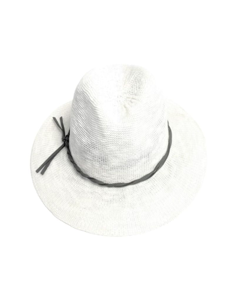23S-0227 Cotton Blend Flat Brim Fedora Hat with Tie White 24