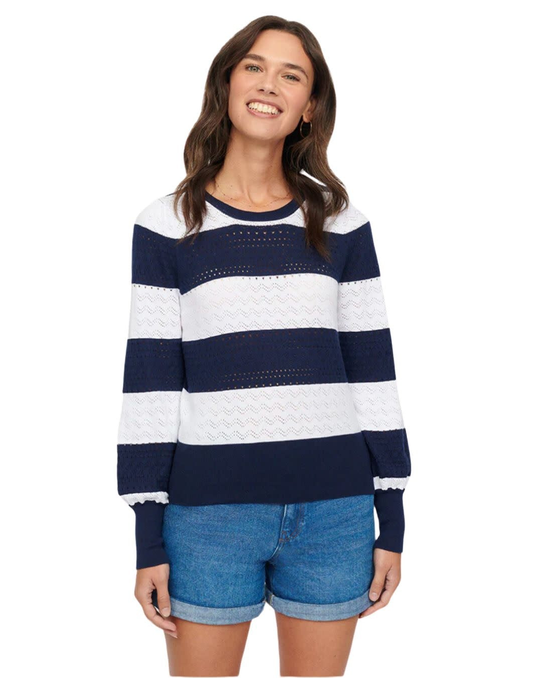 Mia Button Detail Pointelle Crew Navy Snowdrop S24