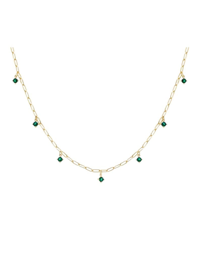N74769 Colored Multi Dangling CZ Stone Link Necklace Emerald Green