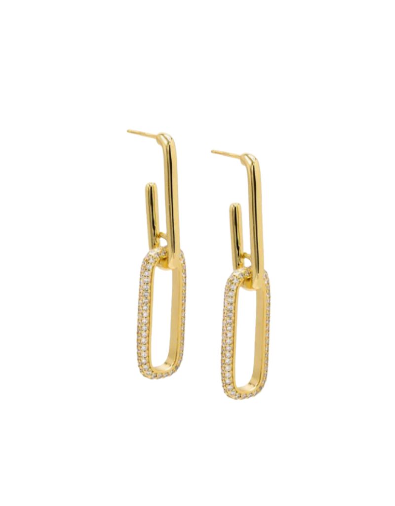 E74158 Solid Pave Double Link Drop Stud Earrings Gold