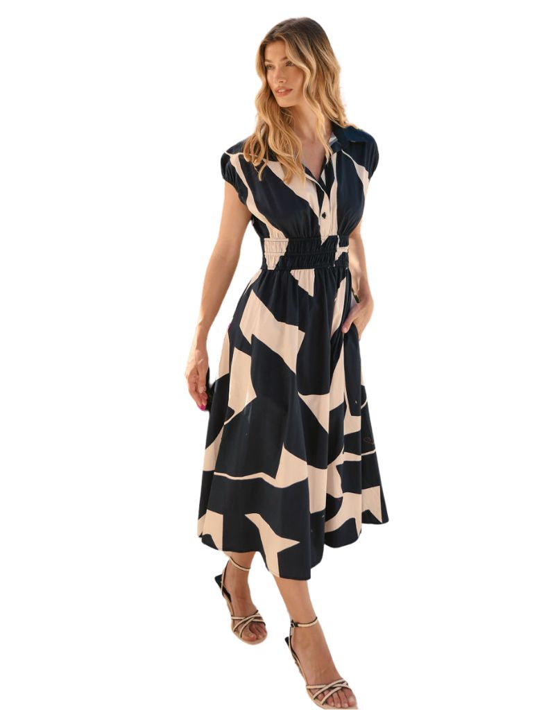 Alora Dress Ivory Black Block Cut Geo