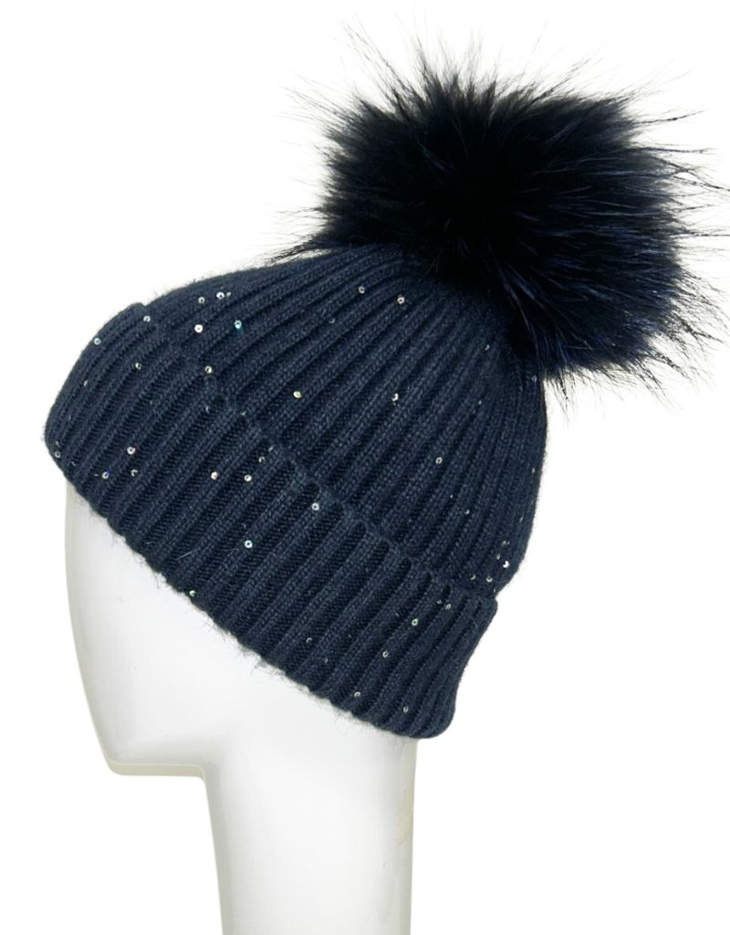 HA-62SEQ Mohair Wool Hat Sequin Detail Navy