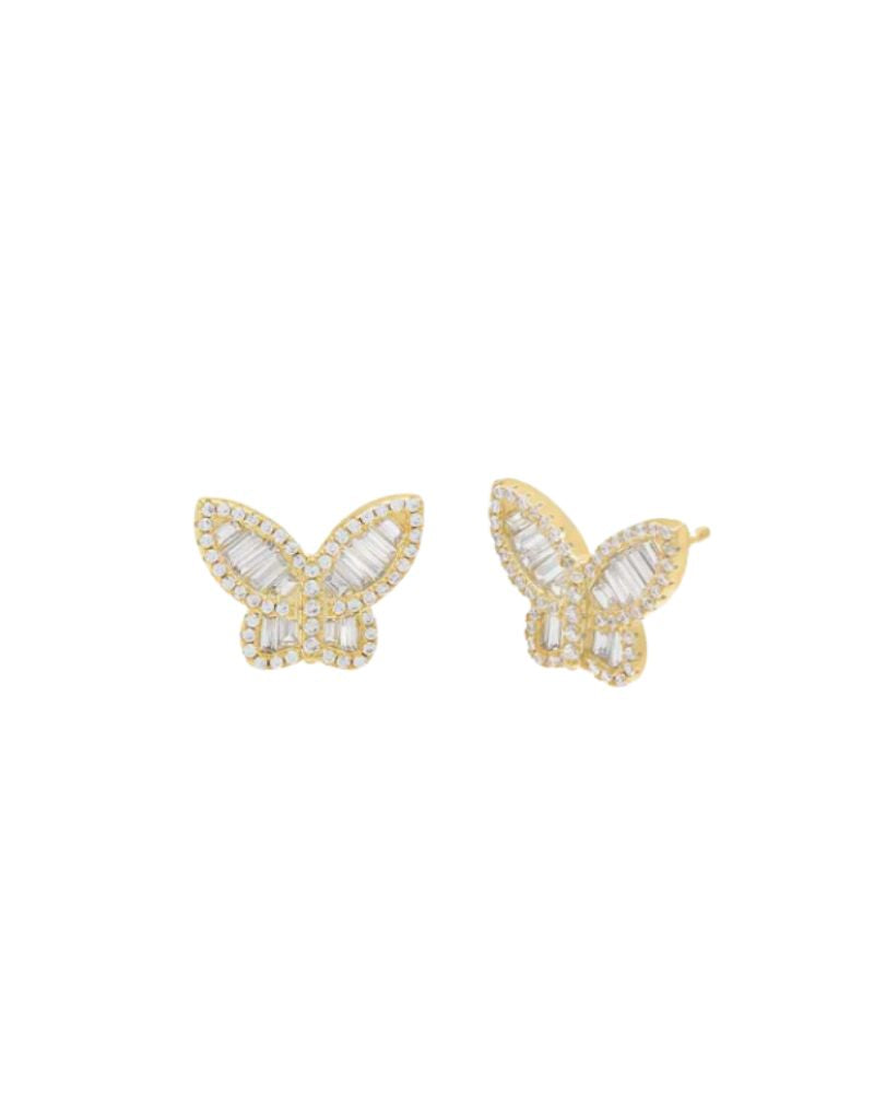 E99696 Pave X Baguette Butterfly Stud Earrings Gold