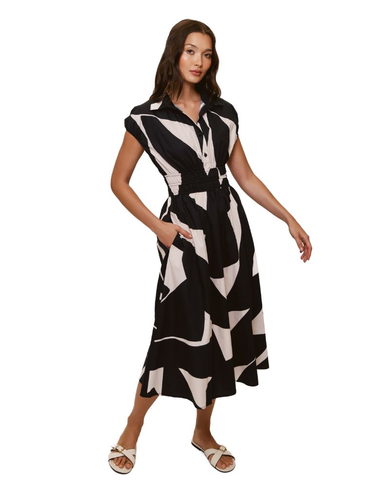 Alora Dress Ivory Black Block Cut Geo