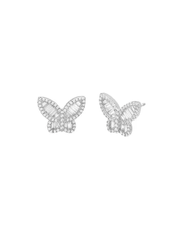 E99696-SIL-133 Pavé X Baguette Butterfly Stud Earring Silver