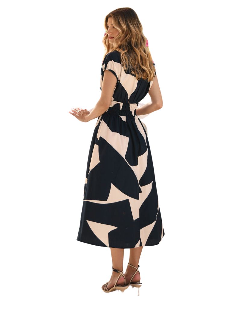 Alora Dress Ivory Black Block Cut Geo