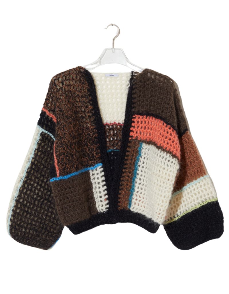 maiami Crochet Patchwork Bomber Cardigan Dark Brown ghost image