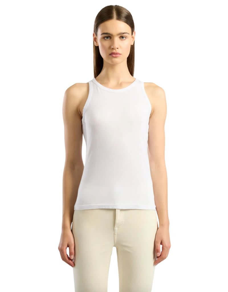 Cotton Citizen Standard Tank White close up with cream pants