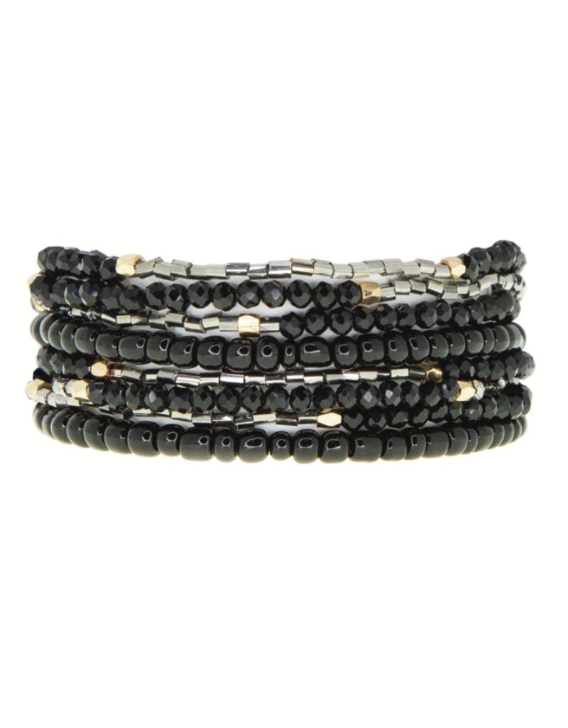 3811B Black Crystal and Coated Seed Bead Stretch Bracelet Set