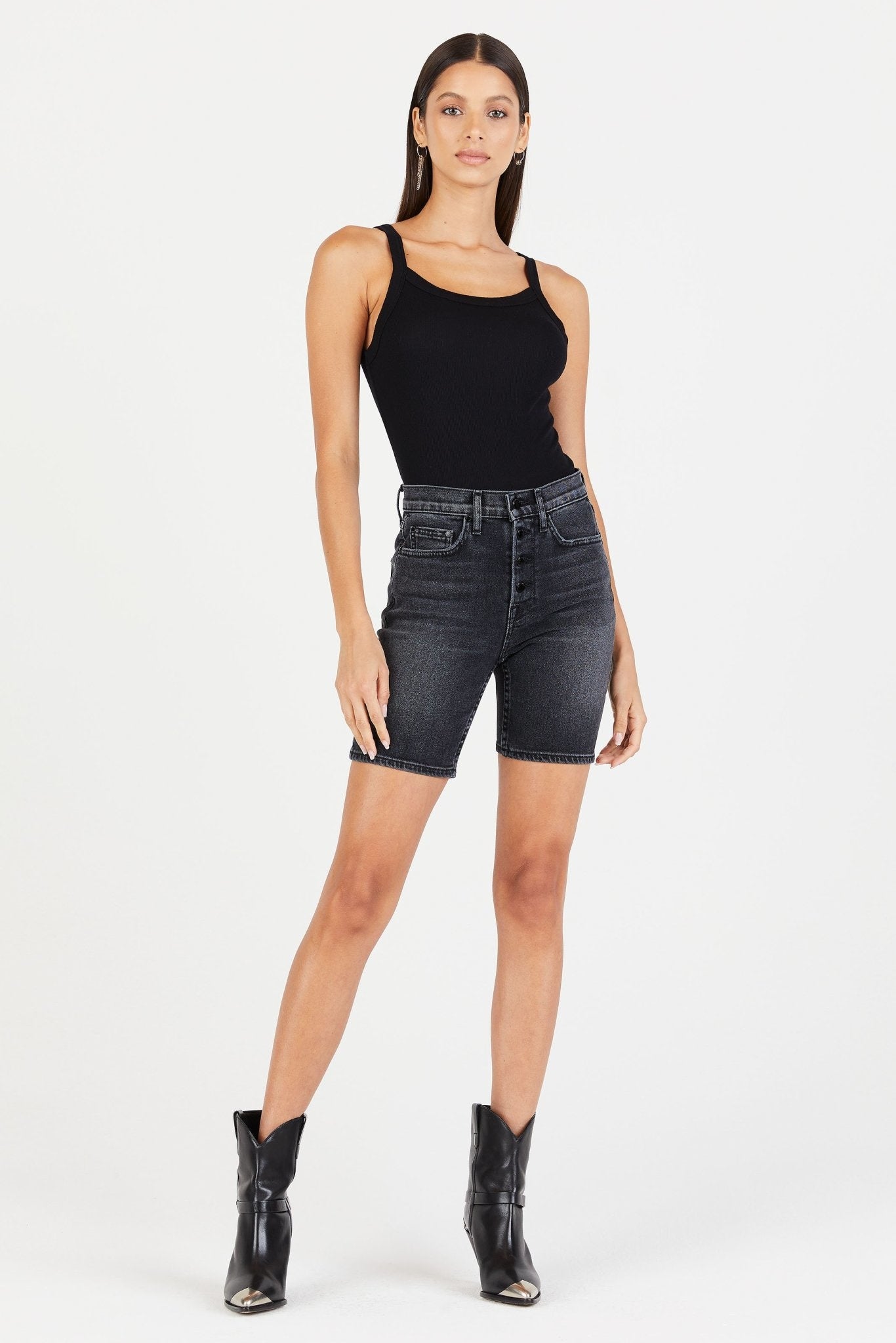 Cotton Citizen Verona Tank in Jet Black close up with black denim shorts full body