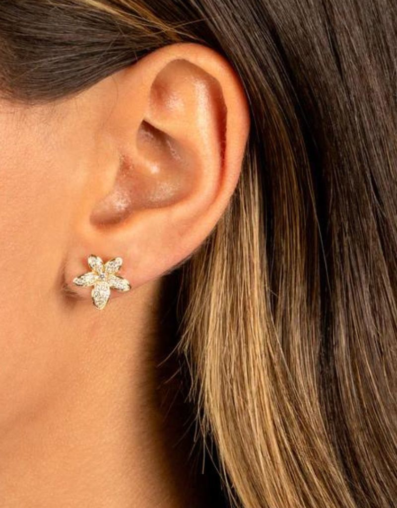 E72175-BRGLD Pave Five Leaf Flower Stud Earring Gold