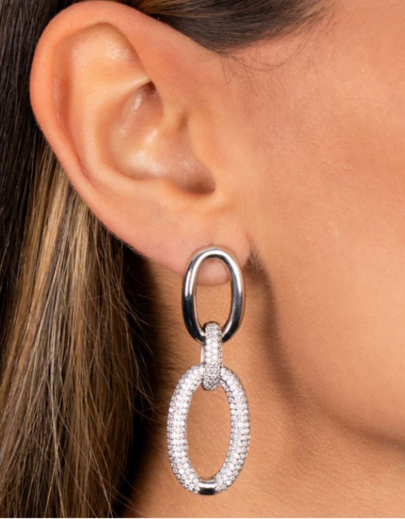 E74370 Solid Pave Open Circle Drop Stud Earrings Silver