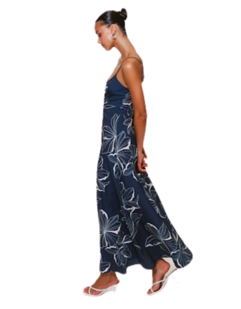 Valente Dress Navy Two Tone Block Print Floral