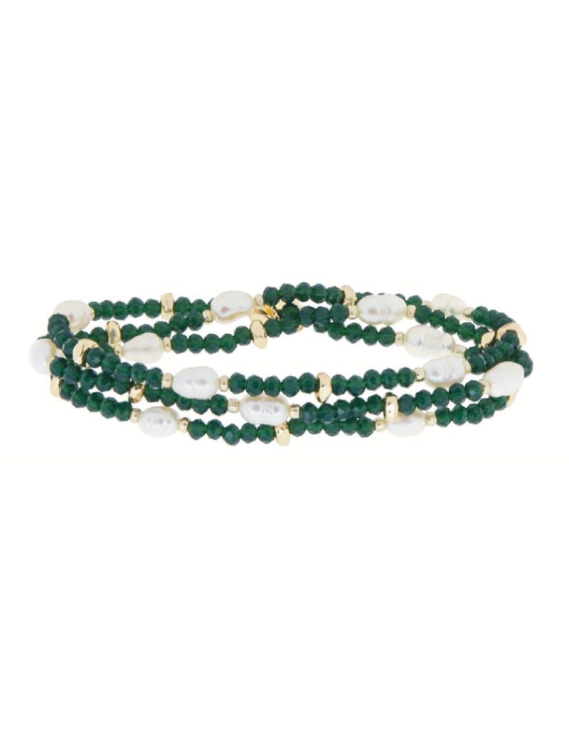 1741B Gold Emerald Crystal Beaded Pearl Stretch Bracelet