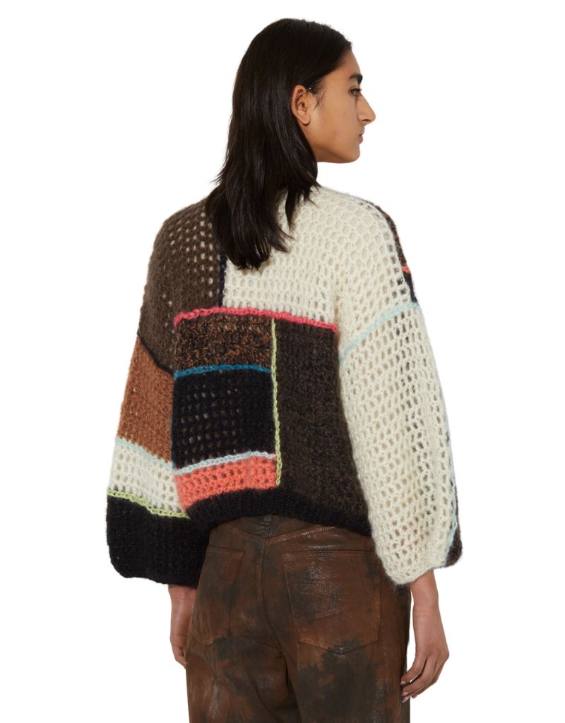 maiami Crochet Patchwork Bomber Cardigan Dark Brown back view